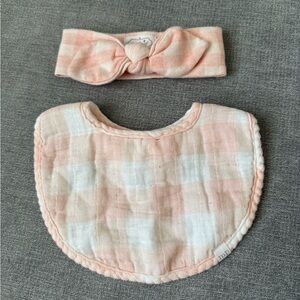 Mud Pie Pink and White Plaid Baby Bib and Headband Set